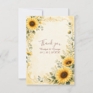 Sunflower Golden Wedding Botanical Border Thank You Card