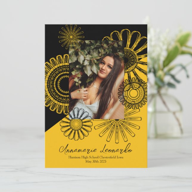 Sunflower Graduation Announcement Black Gold (Standing Front)