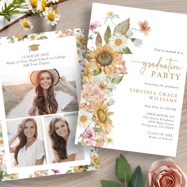 Sunflower Graduation Invitation (Watercolor Sunflower Graduation Party Invitation by Painted Paperie
)