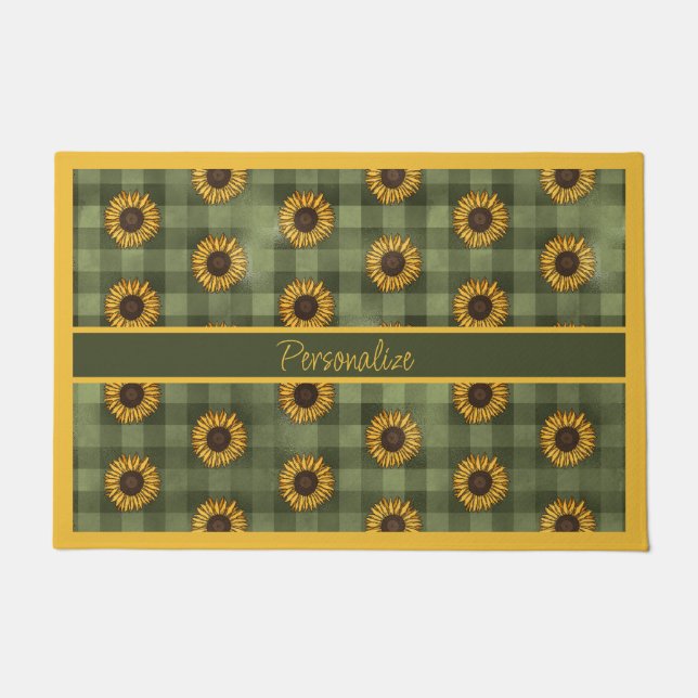 Sunflower Green Buffalo Plaid Gingham Personalised Doormat (Front)