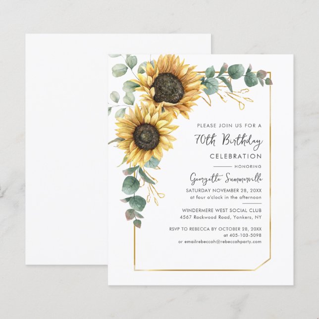 Sunflower Greenery 70th Birthday Party Invitation (Front/Back)