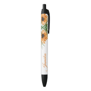 Sunflower Greenery Botanical Hand Drawn Name Black Ink Pen