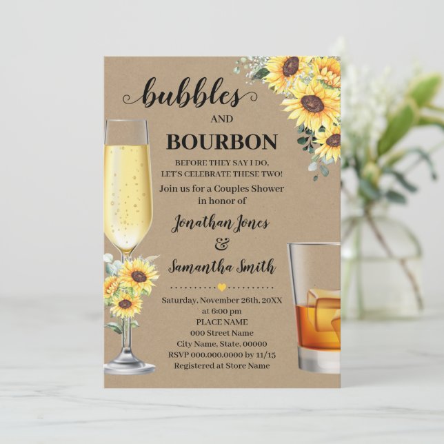 Sunflower Greenery Bubbles & Bourbon Before I do Invitation (Standing Front)