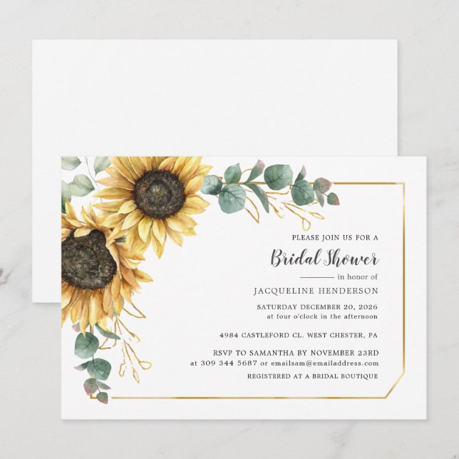 Sunflower Greenery Eucalyptus Floral Bridal Shower Invitation (Front/Back)