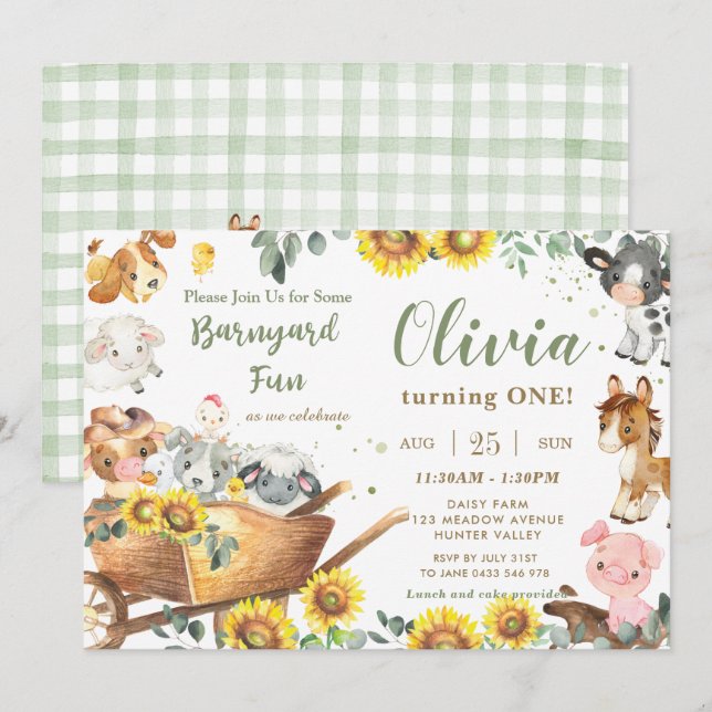Sunflower Greenery Farm Animals Barnyard Birthday Invitation (Front/Back)