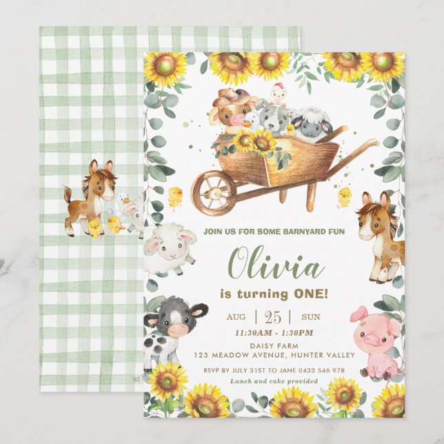 Sunflower Greenery Farm Animals Barnyard Birthday Invitation (Front/Back)