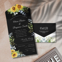 Sunflower Greenery Foliage Black White Wedding 