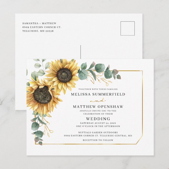 Sunflower Greenery Geometric Wedding Invitation Postcard (Front/Back)