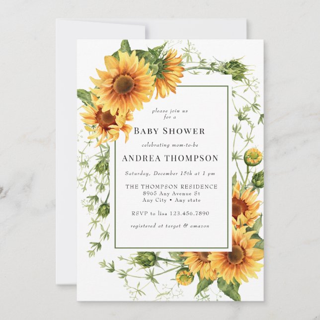 Sunflower Greenery | Rustic Baby Shower Invitation (Front)