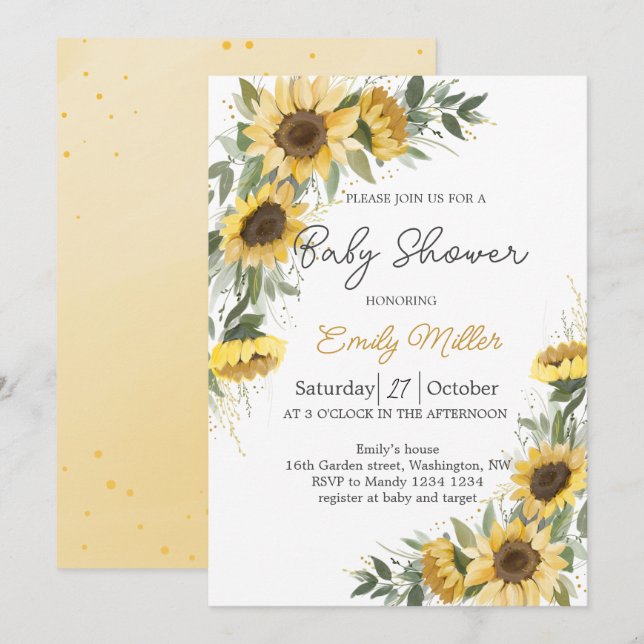 Sunflower Greenery Watercolor Baby Shower  Invitation (Front/Back)