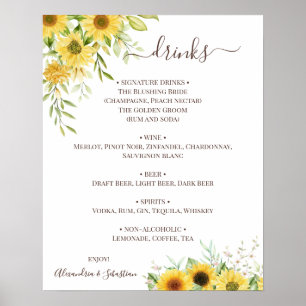 Sunflower Greenery Wedding Drinks Menu Sign