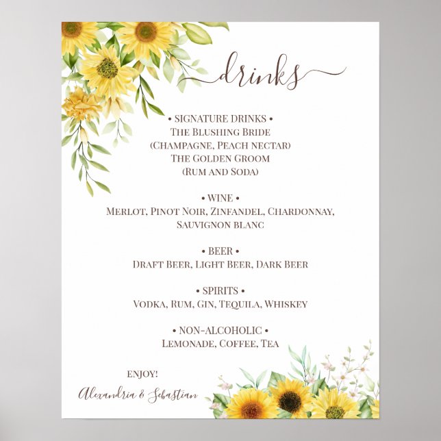 Sunflower Greenery Wedding Drinks Menu Sign (Front)