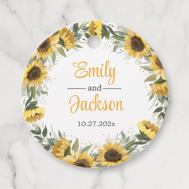 Sunflower Greenery Wedding Favour Tags (Front)