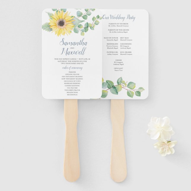 Sunflower Greenery Wedding Program Fan (Front and Back)