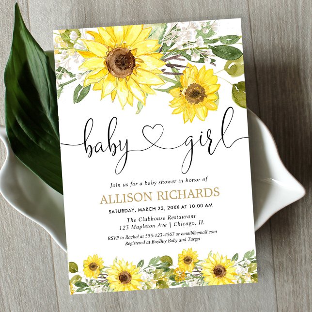 Sunflower greenery white yellow girl baby shower invitation (Creator Uploaded)