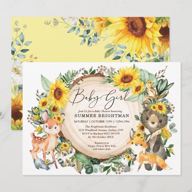 Sunflower Greenery Woodland Animals Baby Shower Invitation (Front/Back)