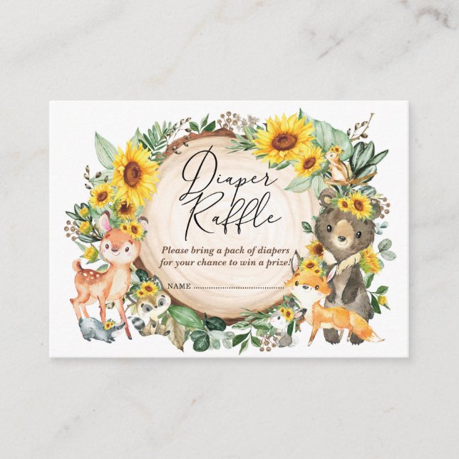 Sunflower Greenery Woodland Animals Diaper Raffle Enclosure Card (Front)