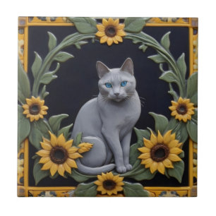 Sunflower Grey Cats - Grey Cat & Yellow Sunflowers Tile