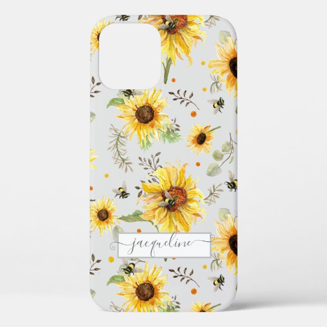 Sunflower Grey Yellow Bumble Bee Eucalyptus Leaf Case-Mate iPhone Case (Back)