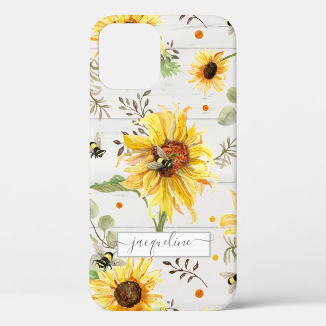 Sunflower Grey Yellow Bumble Bee Rustic Script Case-Mate iPhone Case (Back)