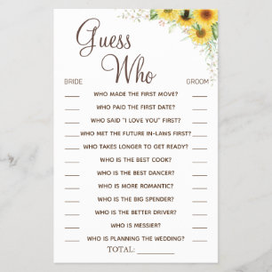 Sunflower Guess Who Bridal shower game card