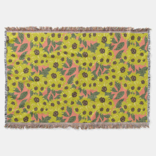Sunflower Hand Drawn Floral Greenery Yellow Green Throw Blanket