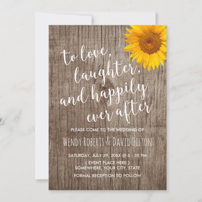 Sunflower Happily Ever After Rustic Wood Wedding Invitation (Front)