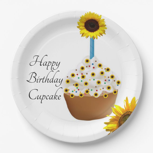 Sunflower Happy Birthday Cupcake Paper Plates (Front)