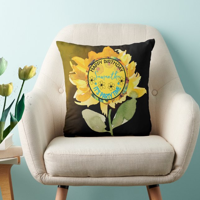 Sunflower Happy Birthday Girl Black Cushion (Sunflower Happy Birthday Girl Black Throw Pillow)