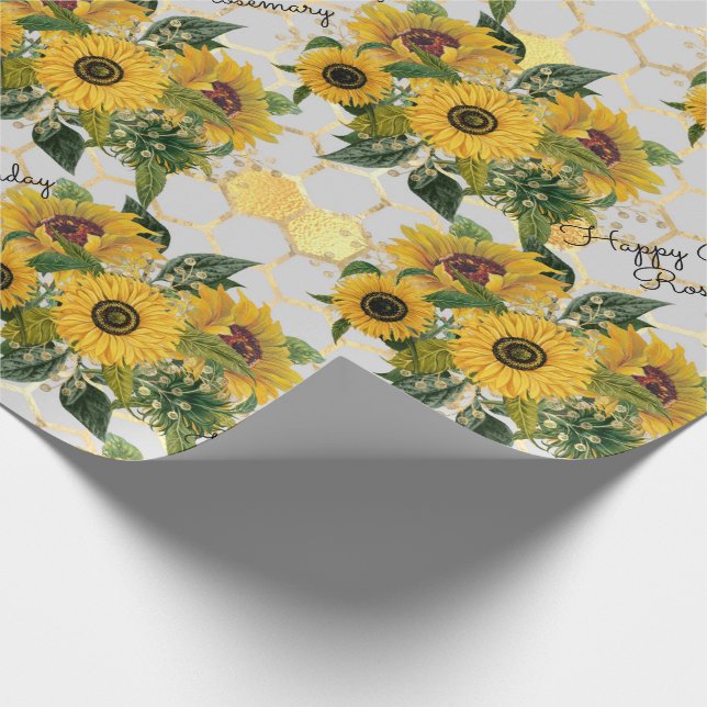 Sunflower Happy Birthday or Retirement Add Name Wrapping Paper (Corner)