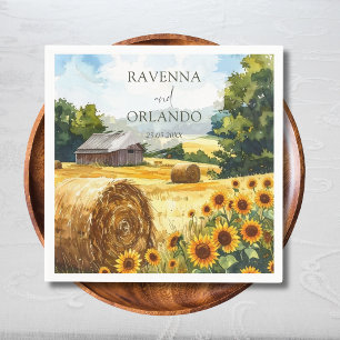 Sunflower Hay Bales Wooden House Country Wedding Napkin