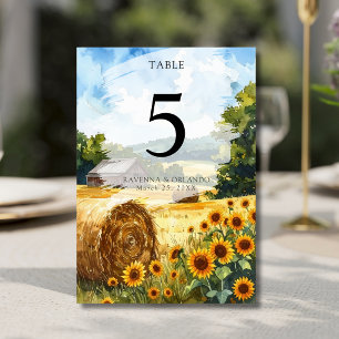 Sunflower Hay Bales Wooden House Country Wedding Table Number