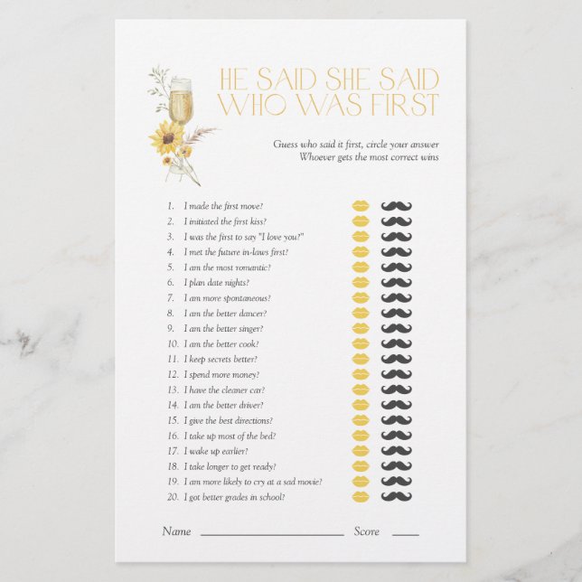 Sunflower He Said She Said Boho Bridal Shower Game (Front)