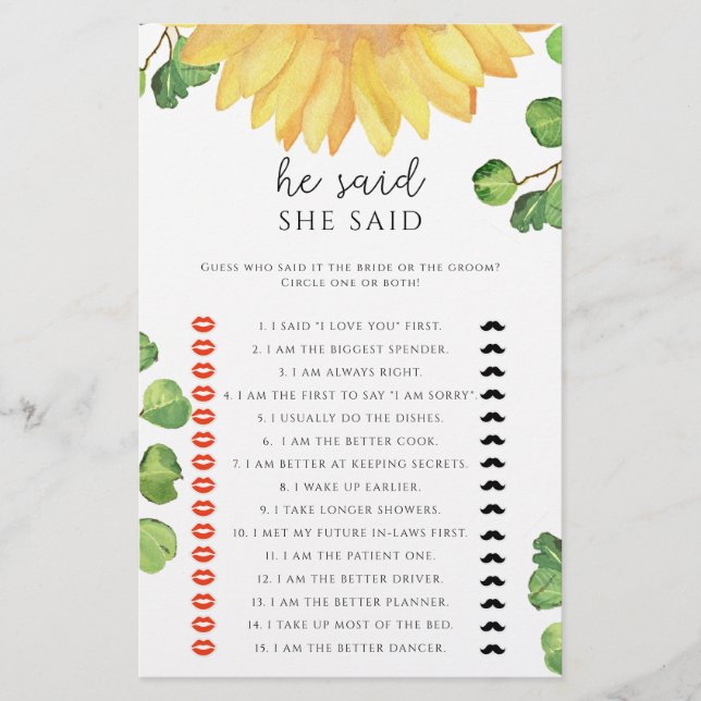 Sunflower He said she said bridal shower game (Front)