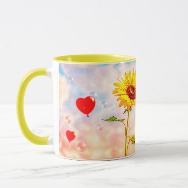 Sunflower & Heart Balloons Romantic Gift Design  Mug (Left)