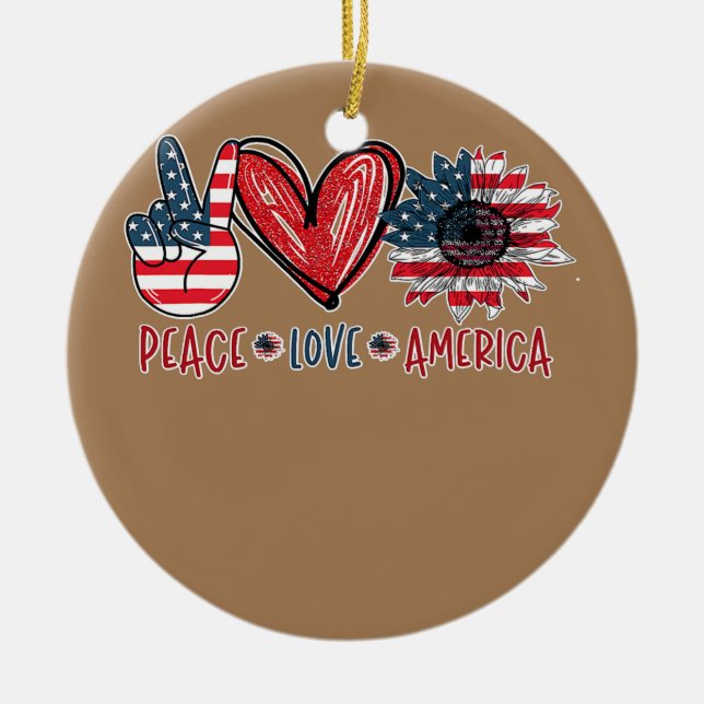Sunflower Heart Sign Peace Love America 4th July Ceramic Tree Decoration (Front)