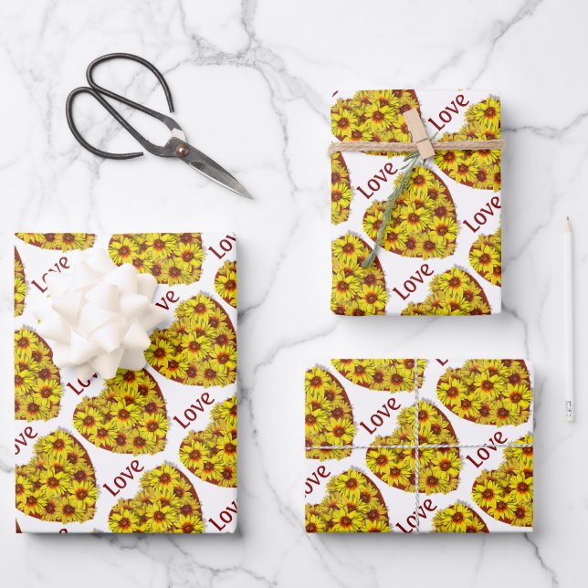 Sunflower Heart Wrapping Paper Flat Sheet Set of 3 (Front)