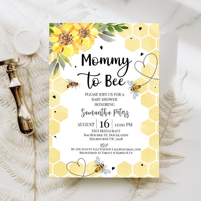 Sunflower Hearts Mommy to Bee Baby Shower Invitation (Sweet gender neutral mommy to bee themed baby shower invitation featuring some sunflowers.  )