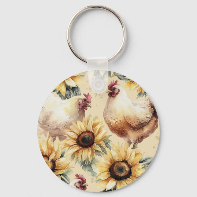 Sunflower Hen Watercolor Keychain (Back)
