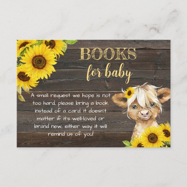 Sunflower Highland Cow Baby Shower Books for Baby Enclosure Card (Front)