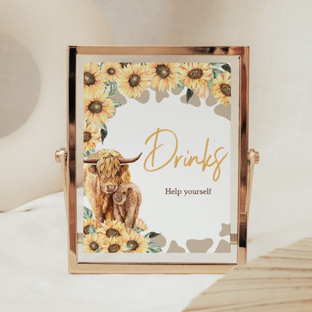 Sunflower Highland Cow Baby Shower Drinks Poster (Summer Holy Cow Baby Shower Drinks Sign)