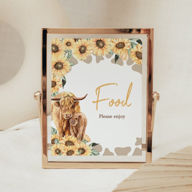Sunflower Highland Cow Baby Shower Food Poster (Summer Holy Cow Baby Shower Food Sign)