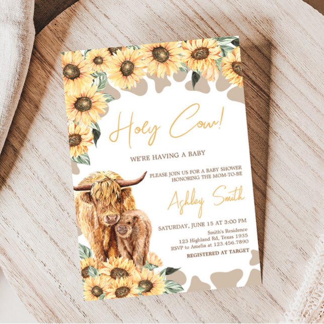 Sunflower Highland Cow Baby Shower Invitation (Summer Holy Cow Baby Shower Invitation)