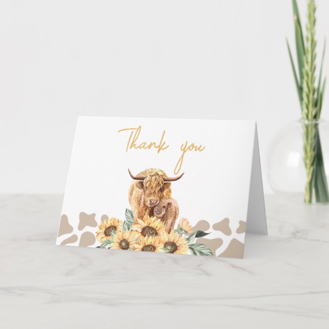 Sunflower Highland Cow Baby Shower  Thank You Card (Front)