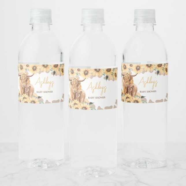 Sunflower Highland Cow Baby Shower Water Bottle Label (Bottles)