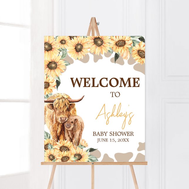 Sunflower Highland Cow Baby Shower Welcome Poster (Summer Holy Cow Baby Shower Welcome Sign)