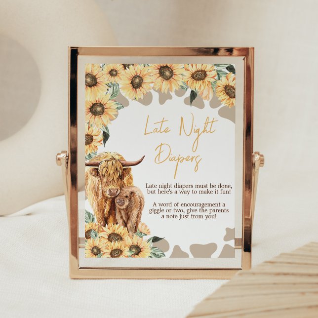 Sunflower Highland Cow Late Night Diapers Poster (Summer Holy Cow Baby Shower Late Night Diapers Sign)