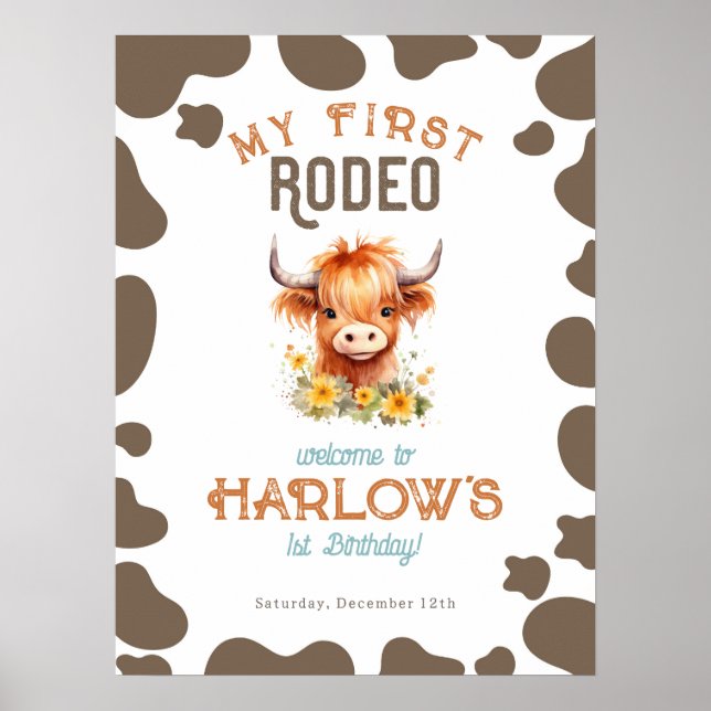 Sunflower Highland Cow My First Rodeo 1st Birthday Poster (Front)