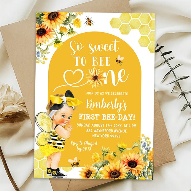 Sunflower Honey Blonde Girl First Bee-Day Birthday Invitation (Creator Uploaded)