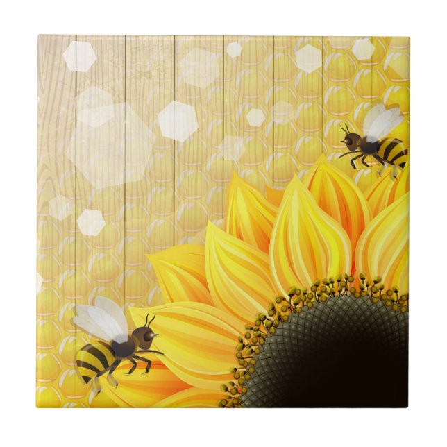 Sunflower Honeybee Honeycomb Yellow Black Brown Tile (Front)